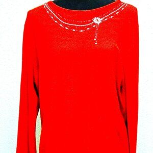 Women's Sweater Red Embellished w/ Pearls and Beads Great for Christmas Holidays